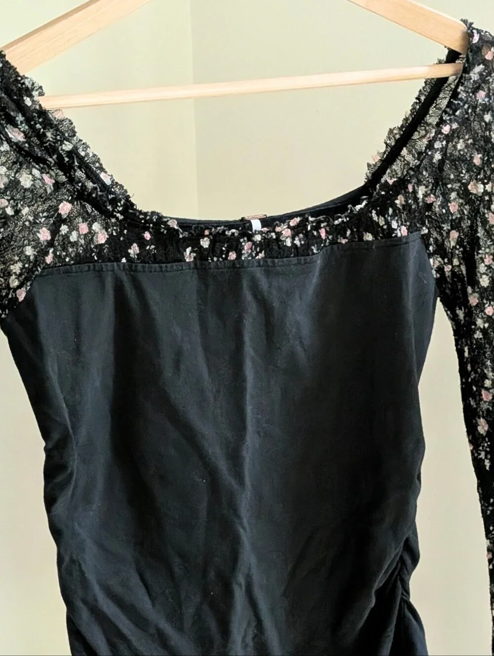 Free People Josie Floral Square Neckline Lace Long-Sleeve Top In Black - M
